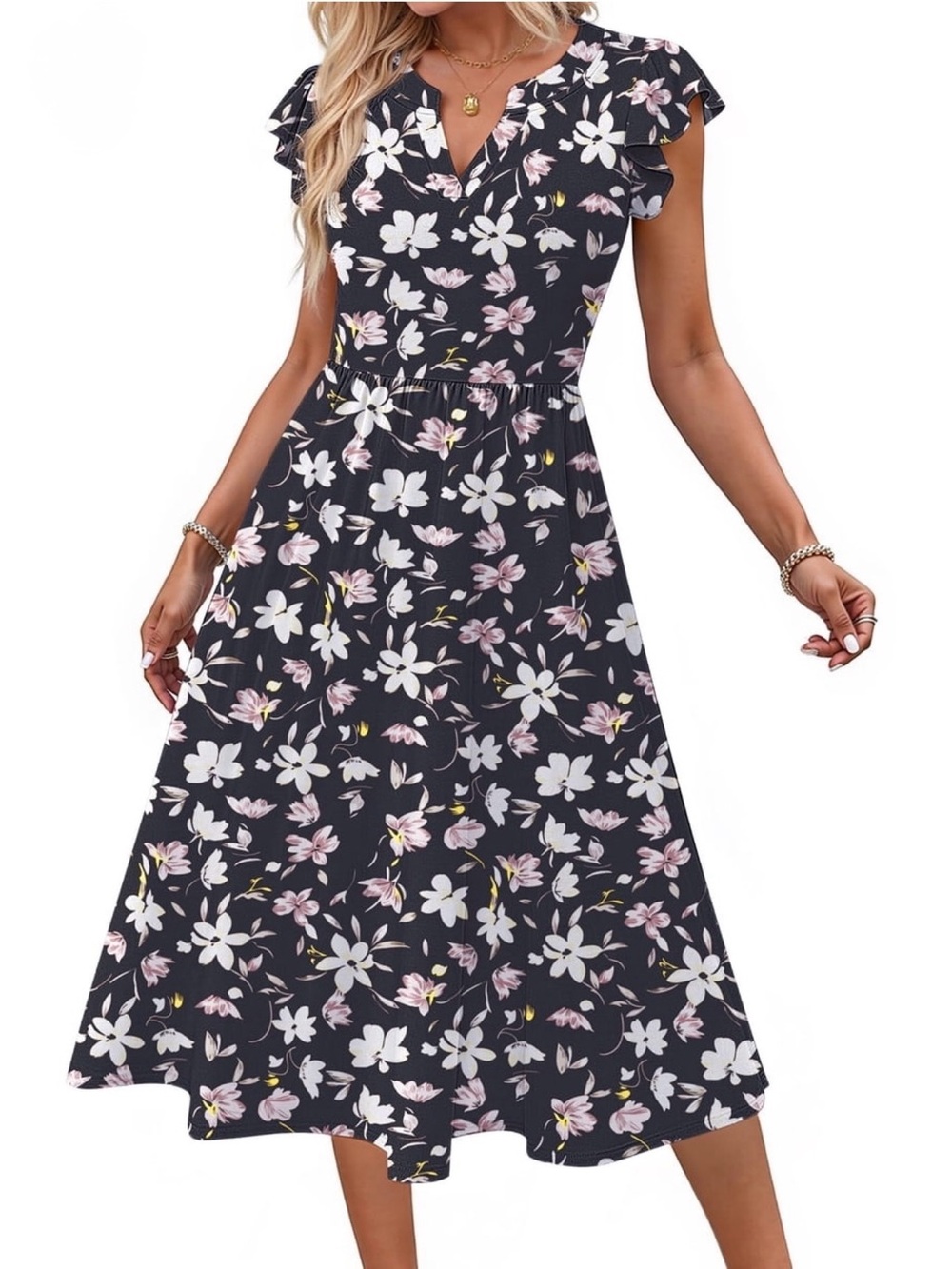 NWT! Women’s Black V-Neck Flutter Sleeve Floral sundresses XL